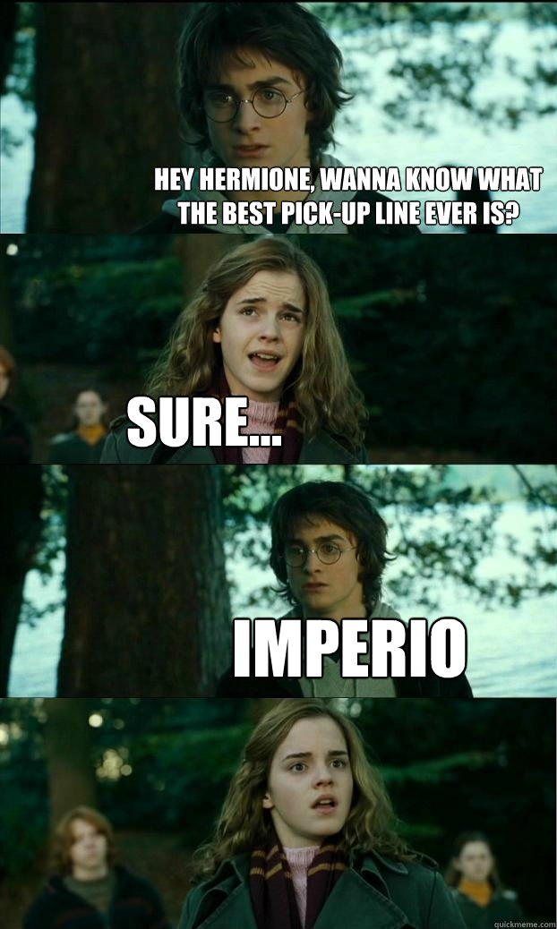 hey hermione, wanna know what the best pick-up line ever is? sure... imperio  Horny Harry