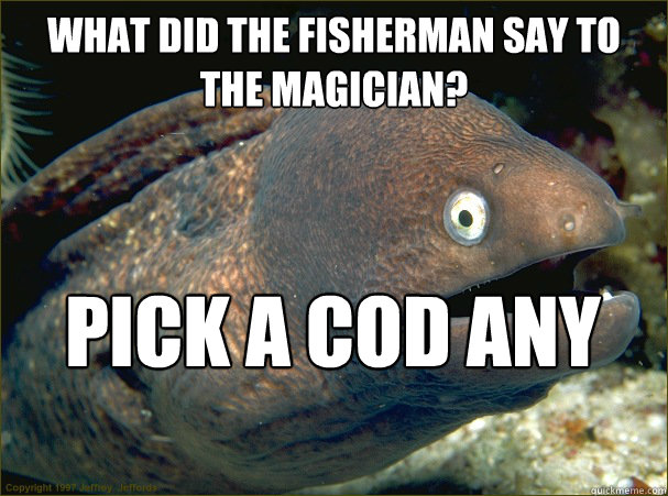 What did the fisherman say to the magician? Pick a cod any cod  Bad Joke Eel