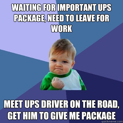 Waiting for important UPS package, need to leave for work Meet UPS driver on the road, get him to give me package - Waiting for important UPS package, need to leave for work Meet UPS driver on the road, get him to give me package  Success Kid
