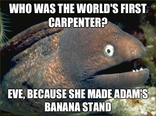 Who was the world's first carpenter? Eve, because she made Adam's banana stand   Bad Joke Eel