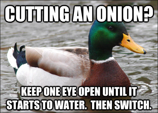 Cutting an onion?  Keep one eye open until it starts to water.  Then switch.  Actual Advice Mallard