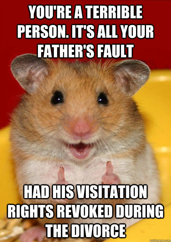 You're a terrible person. It's all your father's fault Had his visitation rights revoked during the divorce   Rationalization Hamster