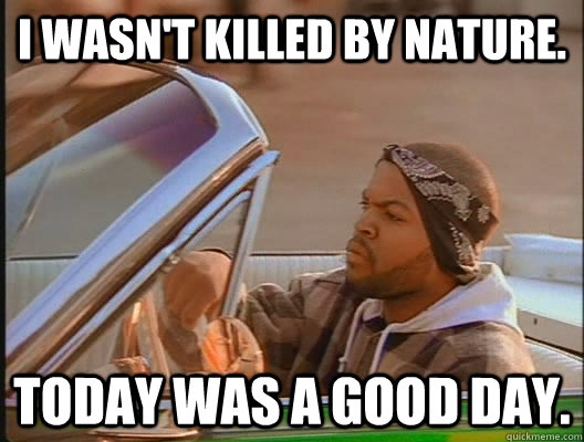 I wasn't killed by nature. Today was a good day.  today was a good day