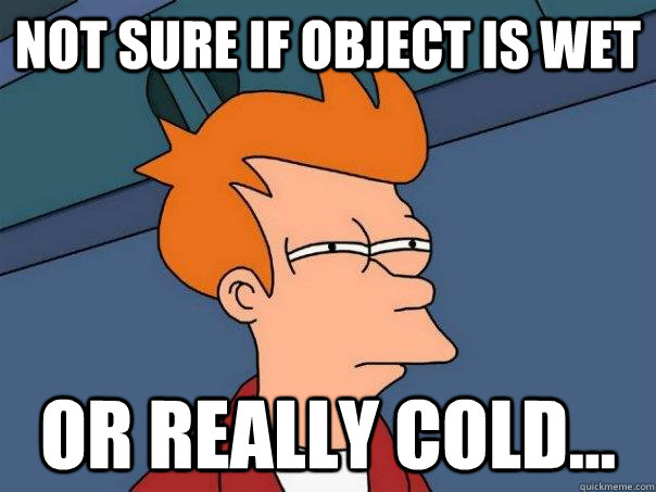 Not sure if object is wet or really cold...  Futurama Fry