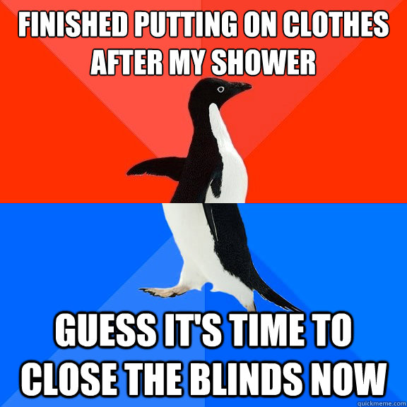 finished putting on clothes after my shower guess it's time to close the blinds now  Socially Awesome Awkward Penguin
