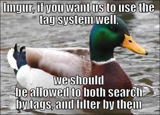 IMGUR, IF YOU WANT US TO USE THE TAG SYSTEM WELL, WE SHOULD BE ALLOWED TO BOTH SEARCH BY TAGS, AND FILTER BY THEM Actual Advice Mallard