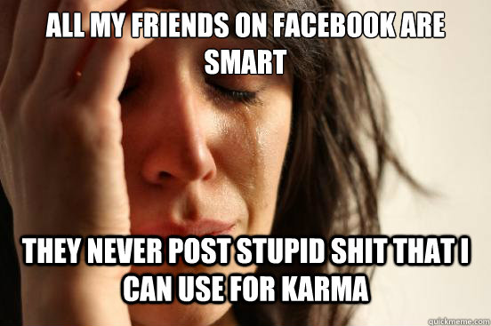 ALL MY FRIENDS ON FACEBOOK ARE SMART THEY NEVER POST STUPID SHIT THAT I CAN USE FOR KARMA  First World Problems