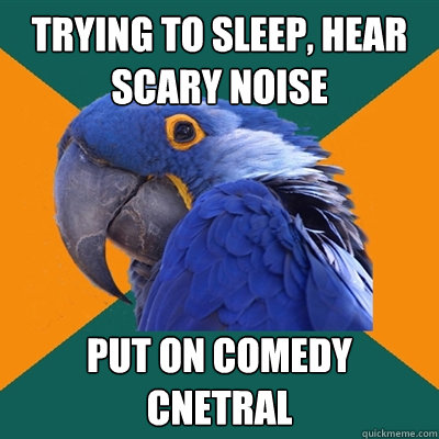 trying to sleep, hear scary noise put on comedy cnetral  Paranoid Parrot