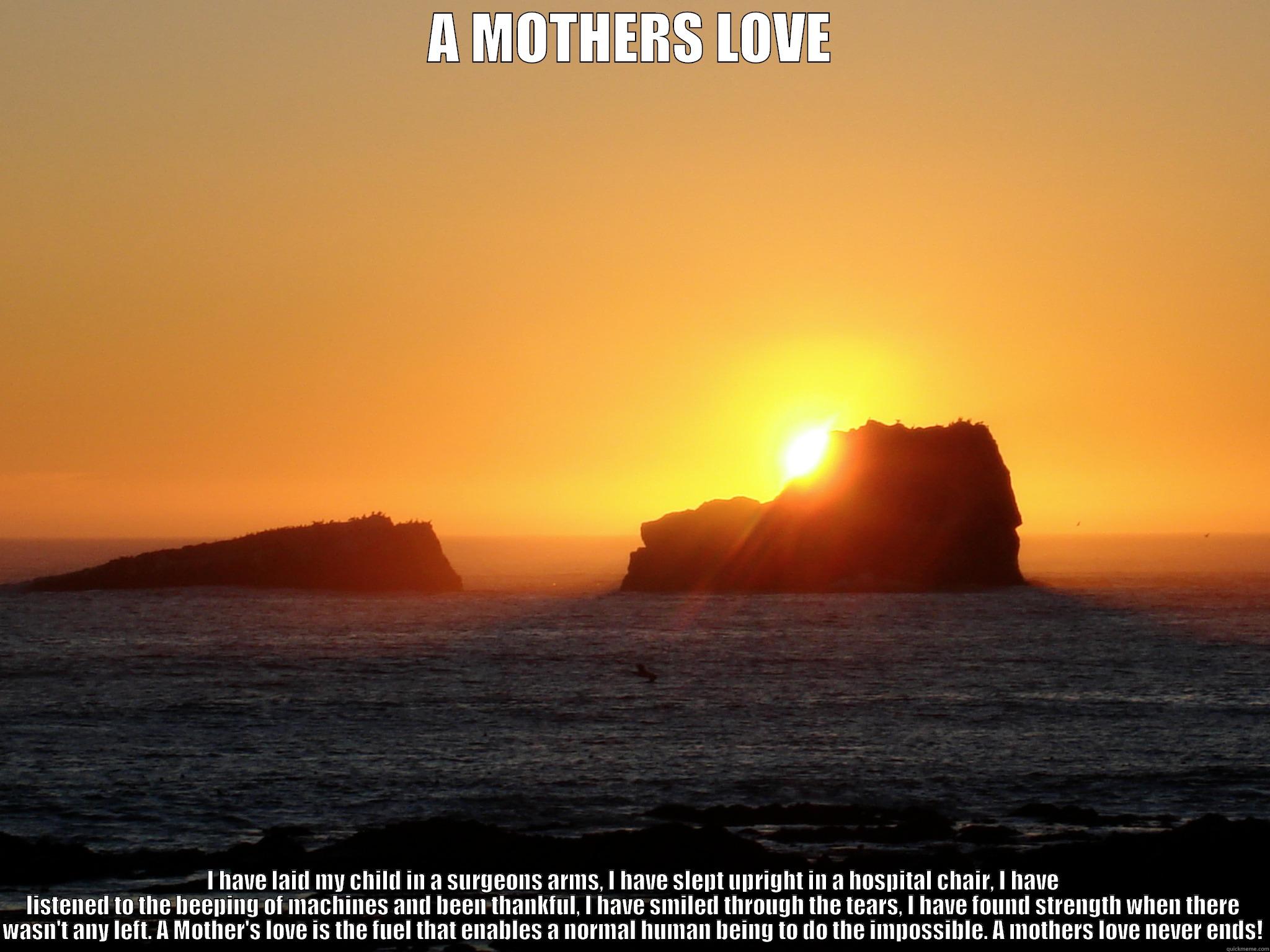 A MOTHERS LOVE I HAVE LAID MY CHILD IN A SURGEONS ARMS, I HAVE SLEPT UPRIGHT IN A HOSPITAL CHAIR, I HAVE LISTENED TO THE BEEPING OF MACHINES AND BEEN THANKFUL, I HAVE SMILED THROUGH THE TEARS, I HAVE FOUND STRENGTH WHEN THERE WASN'T ANY LEFT. A MOTHER'S LOVE IS THE FUEL Misc