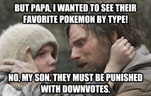 But papa, I wanted to see their favorite Pokemon by type! No, my son. They must be punished with downvotes. - But papa, I wanted to see their favorite Pokemon by type! No, my son. They must be punished with downvotes.  Viggo Explains Reddit