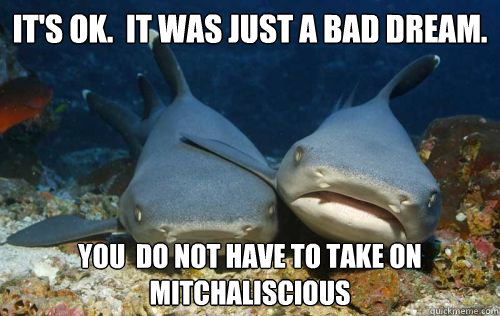 it's ok.  it was just a bad dream. you  do not have to take on mitchaliscious   Compassionate Shark Friend