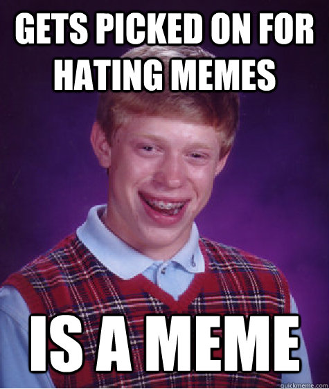 gets picked on for hating memes is a meme  Bad Luck Brian