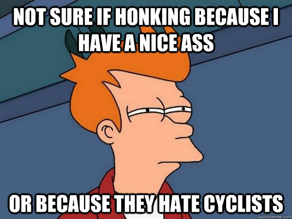 Not sure if honking because i have a nice ass or because they hate cyclists  Not sure Fry