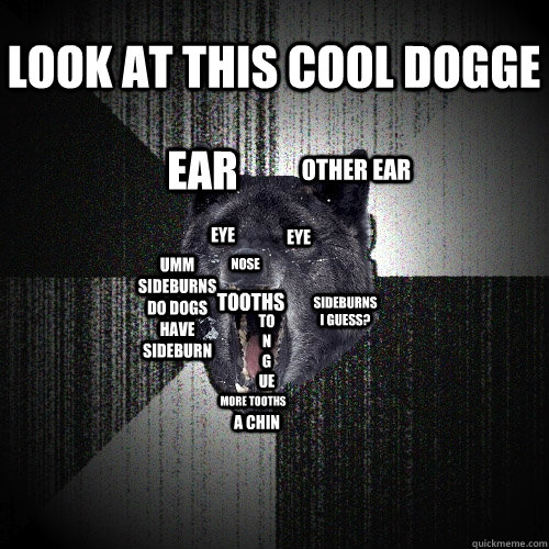 ear other ear eye eye nose a chin umm sideburns do dogs have sideburn sideburns i guess? tooths more tooths tongue LOOK AT THIS COOL DOGGE  Insanity Wolf