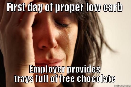 FIRST DAY OF PROPER LOW CARB EMPLOYER PROVIDES TRAYS FULL OF FREE CHOCOLATE First World Problems