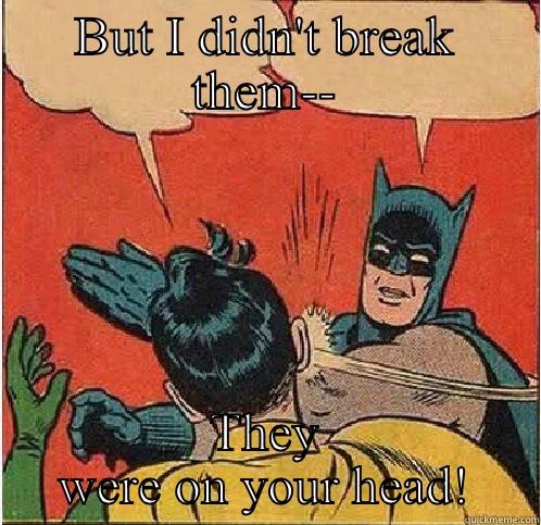 BUT I DIDN'T BREAK THEM-- THEY WERE ON YOUR HEAD! Batman Slapping Robin