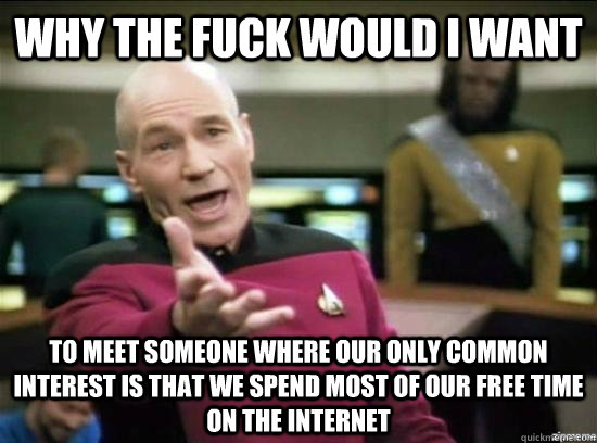 Why the fuck would I want to meet someone where our only common interest is that we spend most of our free time on the internet  Annoyed Picard HD