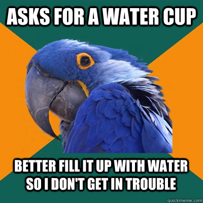 asks for a water cup better fill it up with water  so i don't get in trouble  Paranoid Parrot