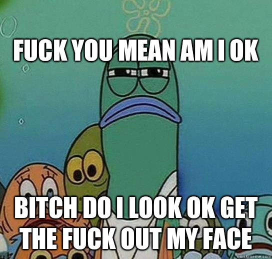 
Fuck you mean am I ok Bitch do I look ok get the fuck out my face  Serious fish SpongeBob