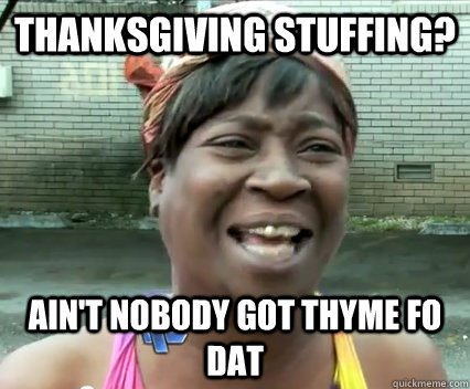 Thanksgiving Stuffing? Ain't nobody got Thyme fo dat  Aint Nobody got time for dat