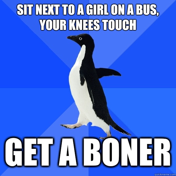 Sit next to a girl on a bus, your knees touch Get a boner  Socially Awkward Penguin