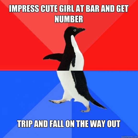 Impress cute girl at bar and get number trip and fall on the way out  Socially Awksome Penguin