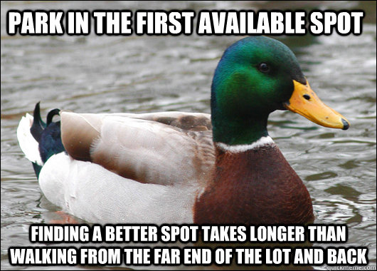 Park in the first available spot Finding a better spot takes longer than walking from the far end of the lot and back  Actual Advice Mallard