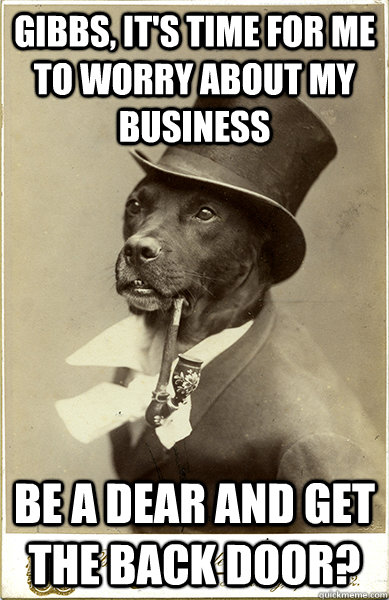 Gibbs, it's time for me to worry about my business Be a dear and get the back door?  Old Money Dog