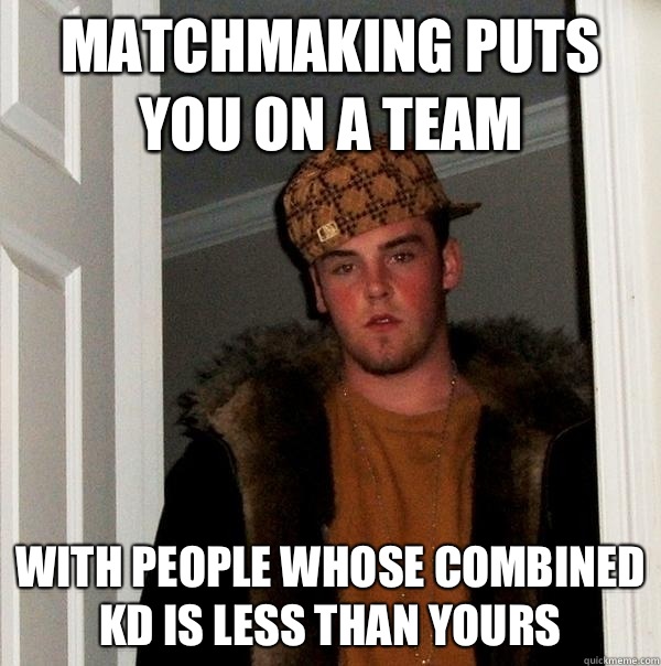Matchmaking puts you on a team With people whose combined kd is less than yours  Scumbag Steve