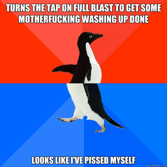 Turns the tap on full blast to get some motherfucking washing up done looks like i've pissed myself  Socially Awesome Awkward Penguin