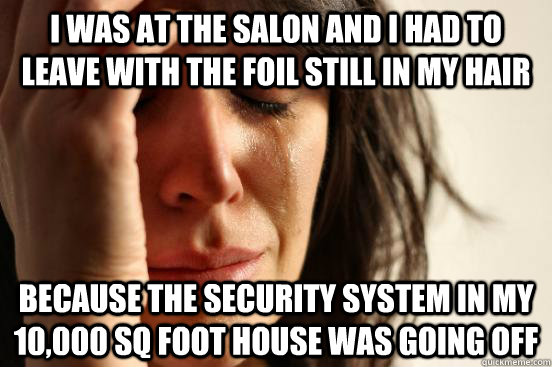 I was at the salon and I had to leave with the foil still in my hair because the security system in my 10,000 sq foot house was going off  First World Problems