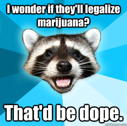 I wonder if they'll legalize marijuana? That'd be dope.  Lame Pun Coon