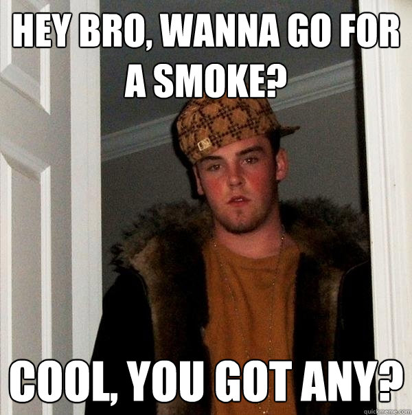 hey bro, wanna go for a smoke? cool, you got any?  Scumbag Steve