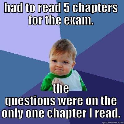 HAD TO READ 5 CHAPTERS FOR THE EXAM. THE QUESTIONS WERE ON THE ONLY ONE CHAPTER I READ. Success Kid