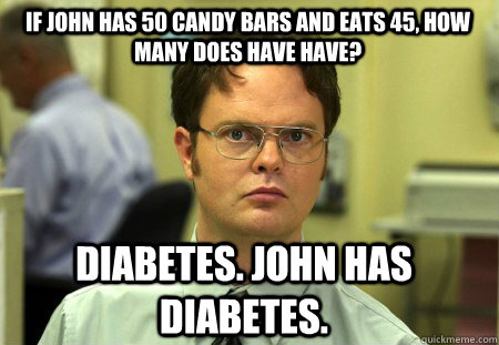 If John has 50 Candy Bars and eats 45, how many does have have? Diabetes. John has diabetes.  Schrute