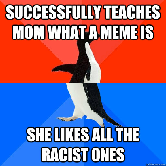 Successfully teaches mom what a meme is she likes all the racist ones   Socially Awesome Awkward Penguin