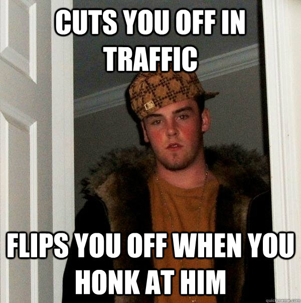 Cuts you off in traffic flips you off when you honk at him  Scumbag Steve