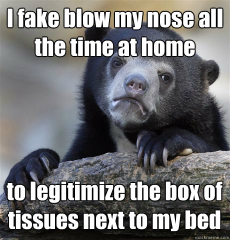 I fake blow my nose all the time at home to legitimize the box of tissues next to my bed  Confession Bear