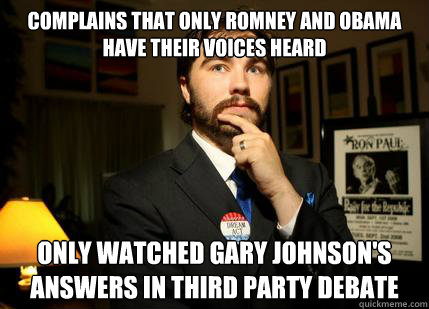 Complains that only romney and obama have their voices heard only watched gary johnson's answers in third party debate  