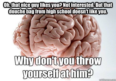 Oh, that nice guy likes you? Not interested. But that douche bag from high school doesn't like you.  Why don't you throw yourself at him?  - Oh, that nice guy likes you? Not interested. But that douche bag from high school doesn't like you.  Why don't you throw yourself at him?   Scumbag Brain