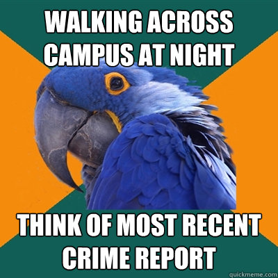 walking across campus at night think of most recent crime report  Paranoid Parrot