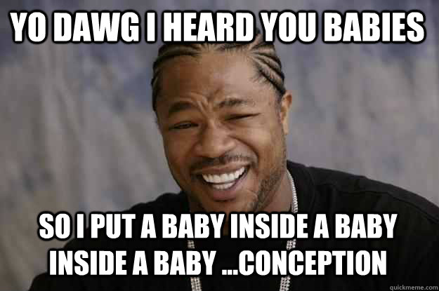 Yo dawg i heard you babies So I put a baby inside a baby inside a baby ...conception  Xzibit meme