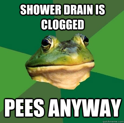 Shower drain is clogged Pees anyway  Foul Bachelor Frog