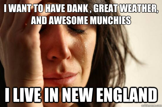 I want to have dank , great weather, and awesome munchies I live in New England  First World Problems