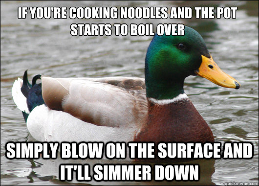 if you're cooking noodles and the pot starts to boil over simply blow on the surface and it'll simmer down  Actual Advice Mallard