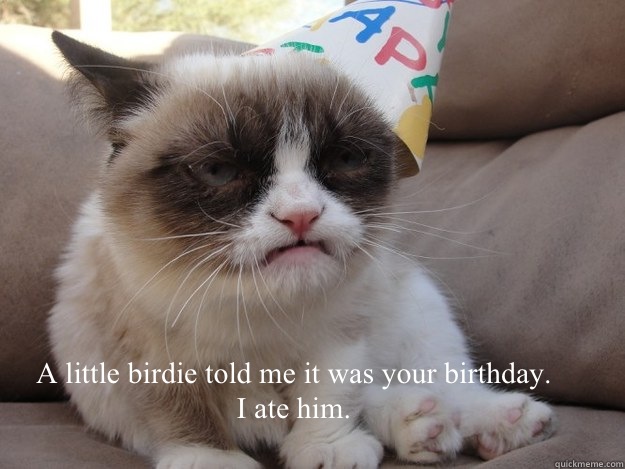 A little birdie told me it was your birthday. 
I ate him. - A little birdie told me it was your birthday. 
I ate him.  grumpy cat birthday