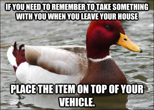 If you need to remember to take something with you when you leave your house place the item on top of your vehicle.  Malicious Advice Mallard