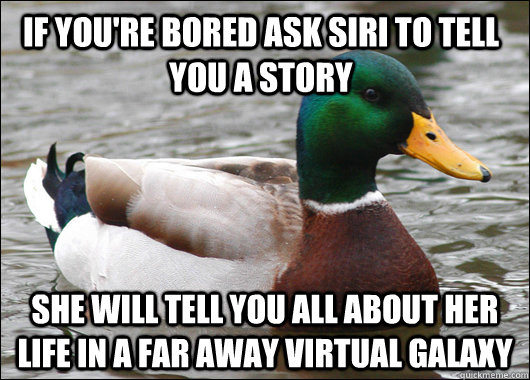If you're bored ask siri to tell you a story she will tell you all about her life in a far away virtual galaxy  Actual Advice Mallard
