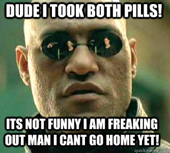 Dude i took both pills! its not funny i am freaking out man i cant go home yet!  Matrix Morpheus