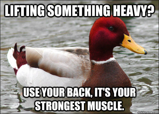 Lifting something heavy? Use your back, it's your strongest muscle.  - Lifting something heavy? Use your back, it's your strongest muscle.   Malicious Advice Mallard